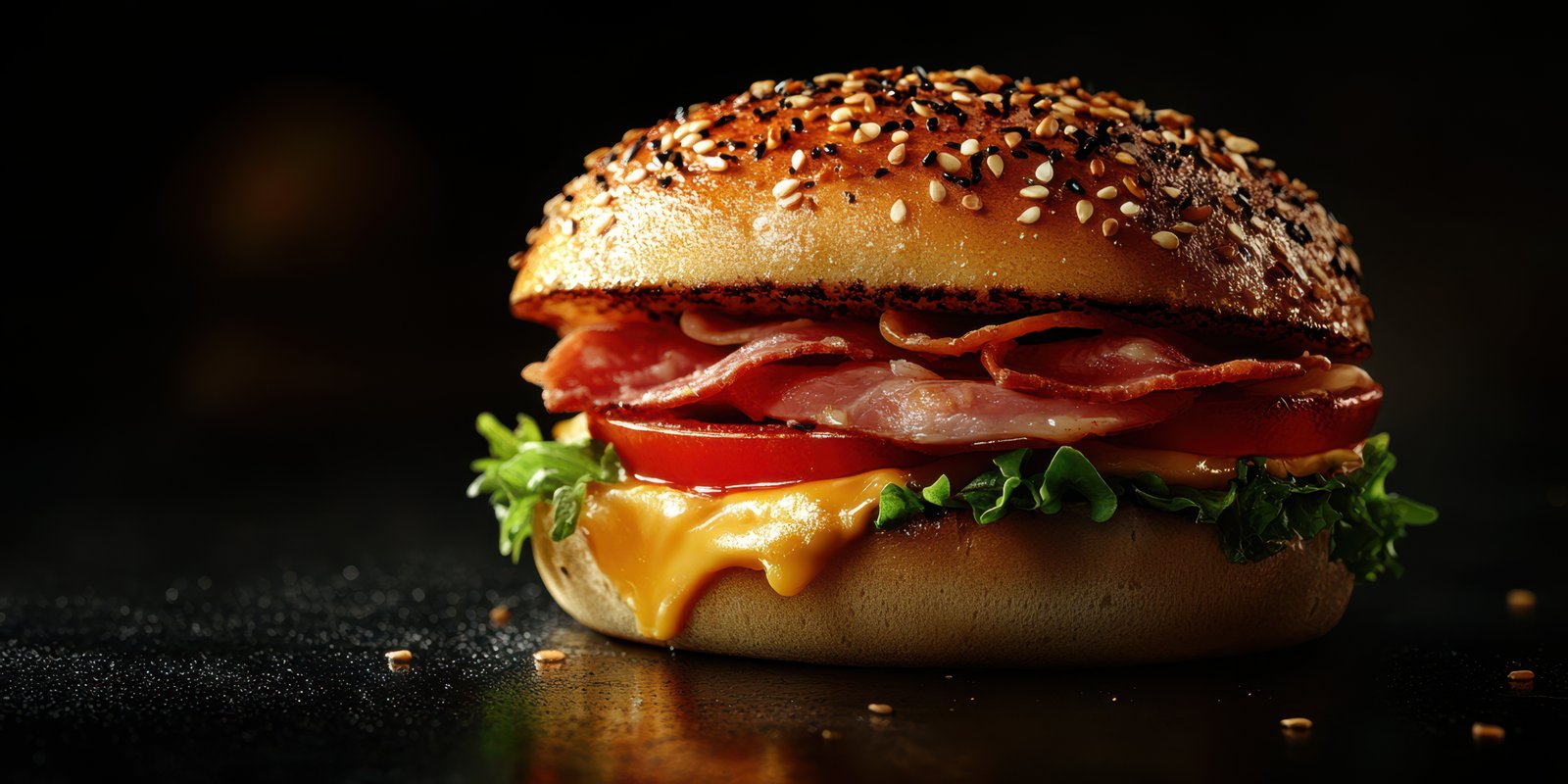 Savory burger with bacon, cheese, and fresh vegetables against a dark background